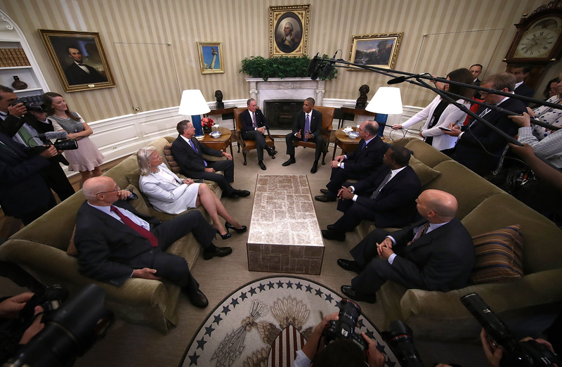 “I’ve gathered you all here to discuss this table and why it is how it is.” September 2016. Image via Getty.